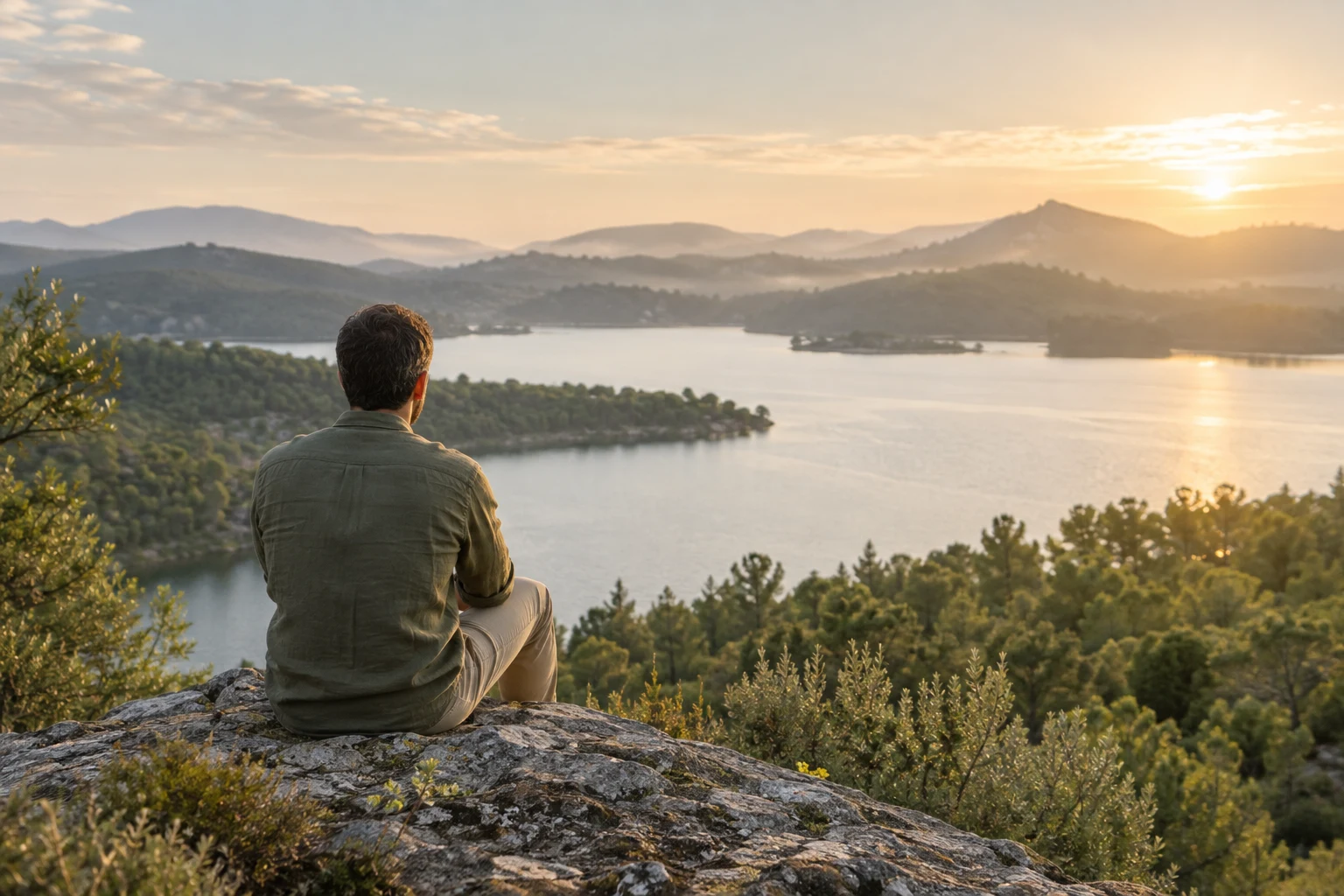 Un homme contemple un lac et les collines à l’horizon
